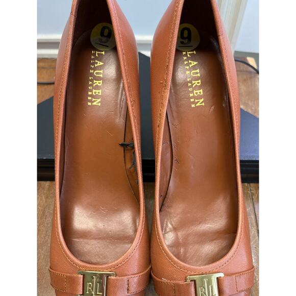Lauren Ralph Womens 9B Brown Heel Highs Gold Buckle Accent Career Wear FLAWNEW - Picture 10 of 13